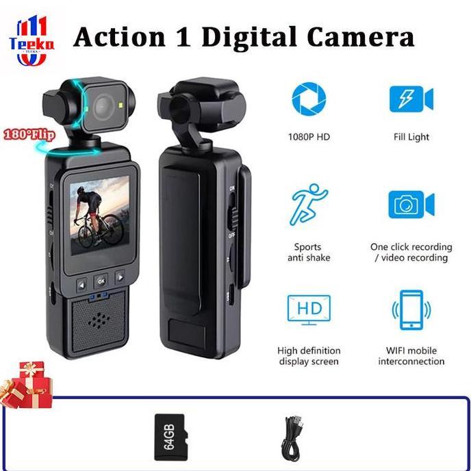 TEEKA Action 1/2 Camera Mini WIFI Kamera action layar HD 1080P 180 Pocket WIFI Camcorder Body Cam wi