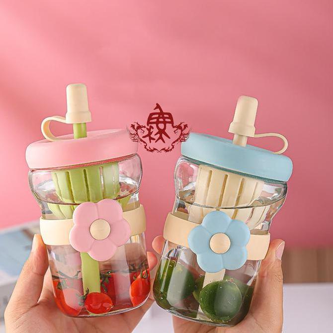 8Vabernaa - Onion Botol Minum Kaca Motif Bunga 500Ml Dengan Sedotan Silikon & Tutup Plastik Import U