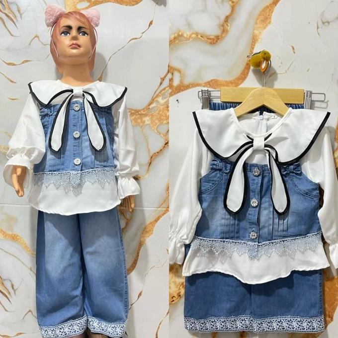 Set Celana Rompi Anak Perempuan 3 in 1 Jeans & Shakila Bahan Premium Size 4-24 Fashion Anak Perempua