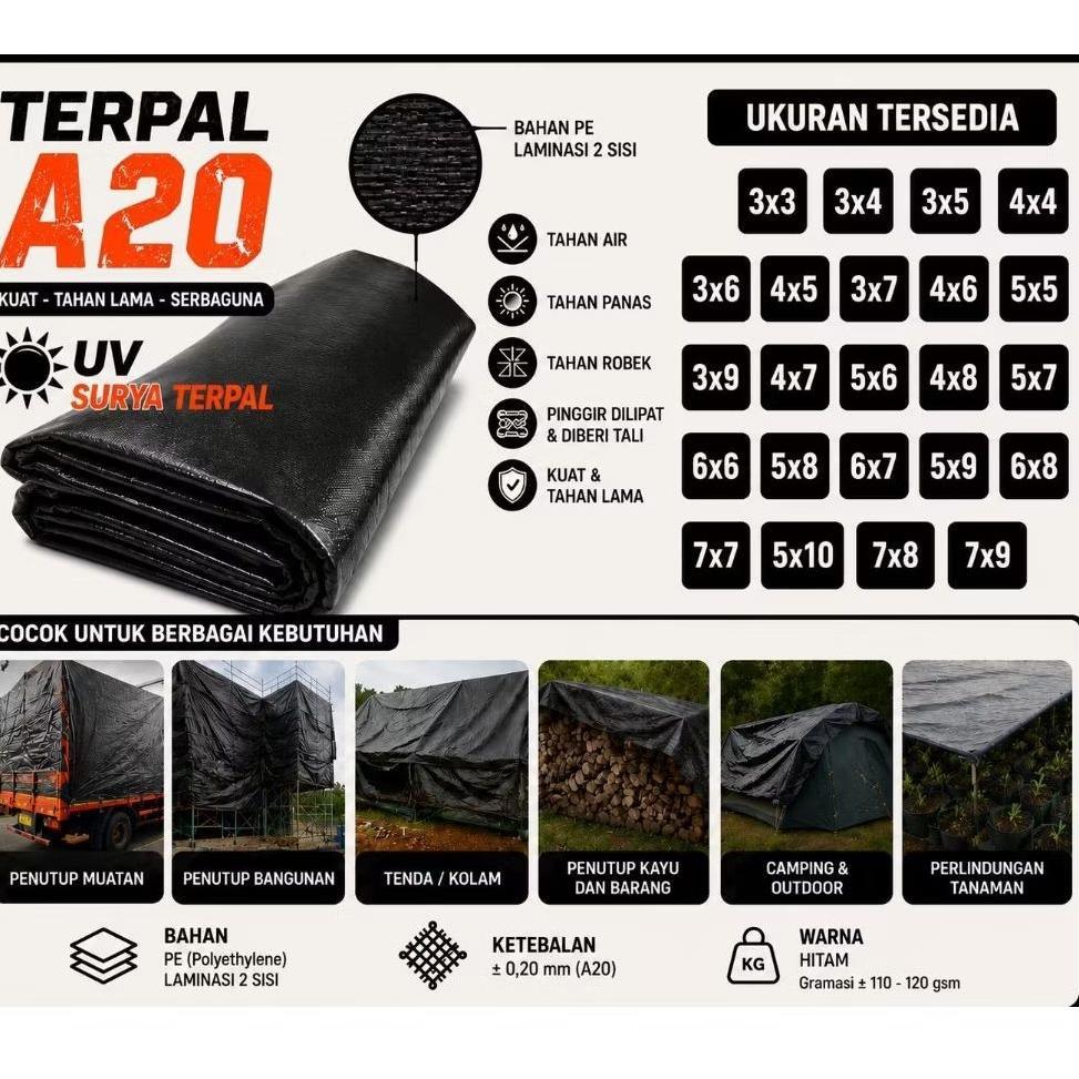 Terpal A20 Hitam Tebal Anti Air Tenda Darurat Kolam Penutup Mobil Truk Pick Up.Varian Ukuran Di Dala