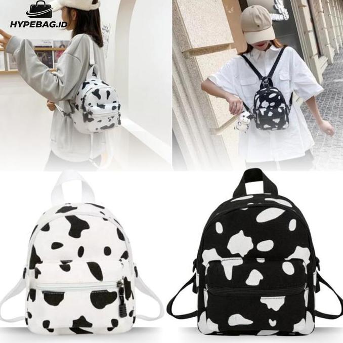 Tas Ransel Backpack Mini Hitam Putih Motif Sapi Tas Ransel Modis Tas Slempang Remaja