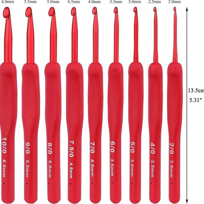 AWAYESH 9pcs/set Hakpen Red Non Tulip / Jarum Rajut Hakpen Handle Karet Crochet Set Red / Jarum Raju
