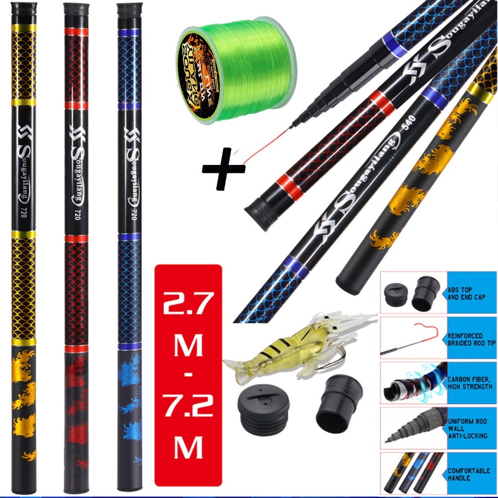 Sougayilang 2.7m 3.6m 4.5m 5.4m 6.3m 7.2m Joran Tegek Fishing Rod Carbon Tegek Panjang Fishing Pole 