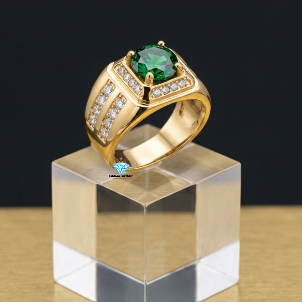 Cincin Titanium Permata Hijau Cutting Super Mewah Ring Titanium Anti Katat
