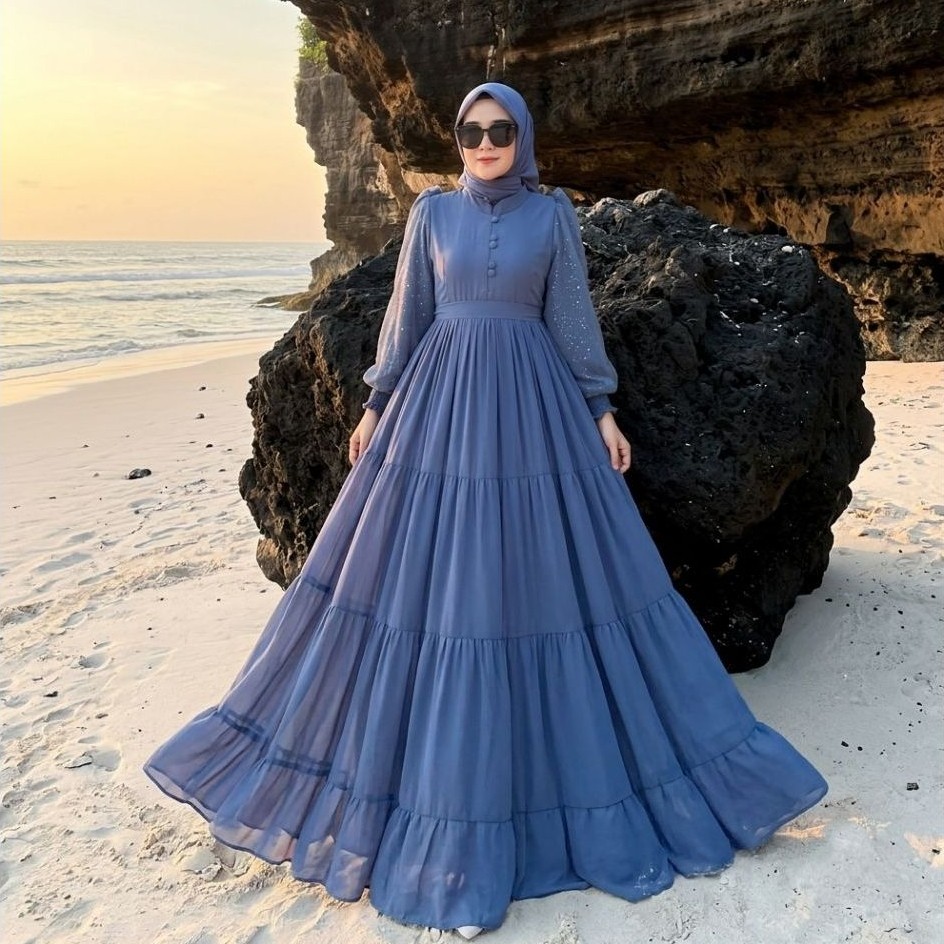 Felina Dress Lengan Glitter LD 120 Set Hijab Polos Gamis Muslim Wanita Ceruty Babydoll Premium Full 