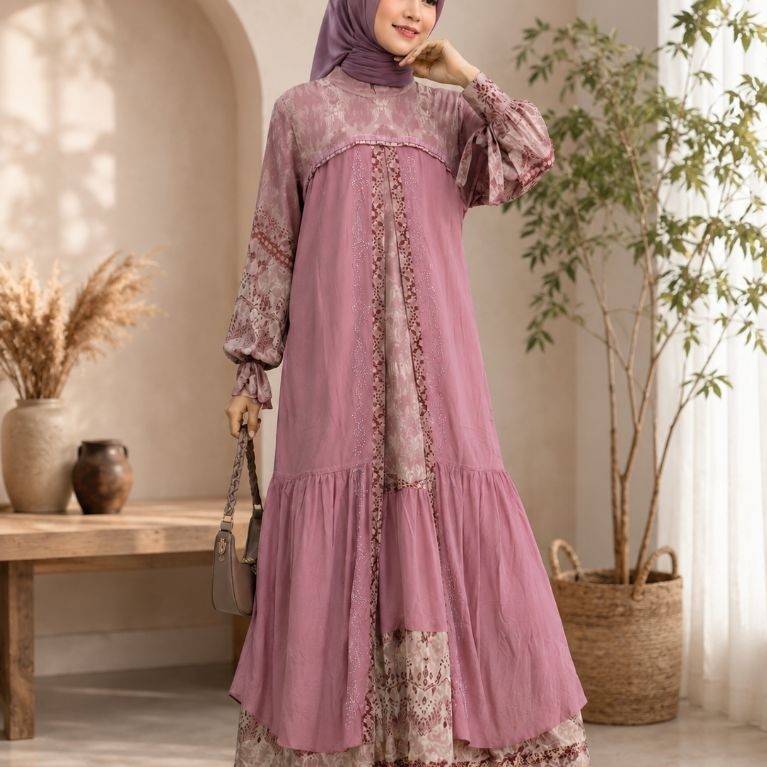 Gamis Abaya Dress Pink Layer by Sheila Saukia SS