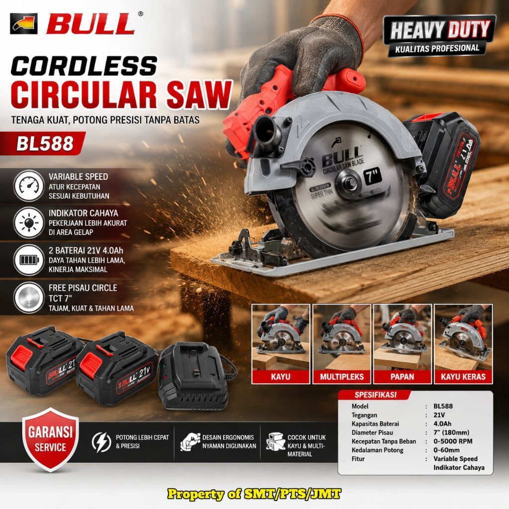 BULL BL588 Mesin Gergaji Kayu Baterai 7" Cordless Circular Saw 21V