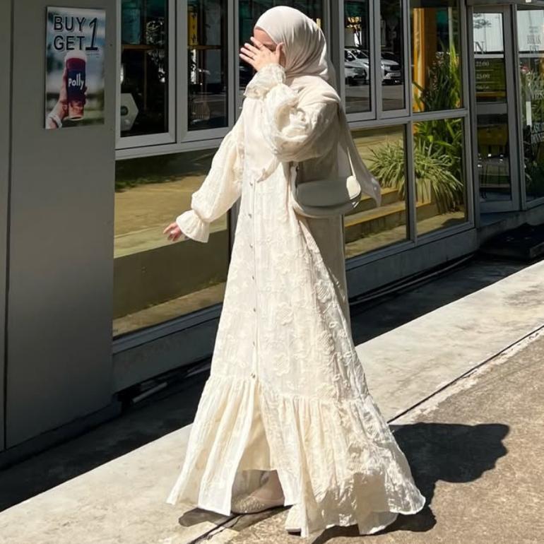 Farlenta Gamis Brokat Outer Tencel Premium Dress Lebaran Busui Wanita Mewah Simple