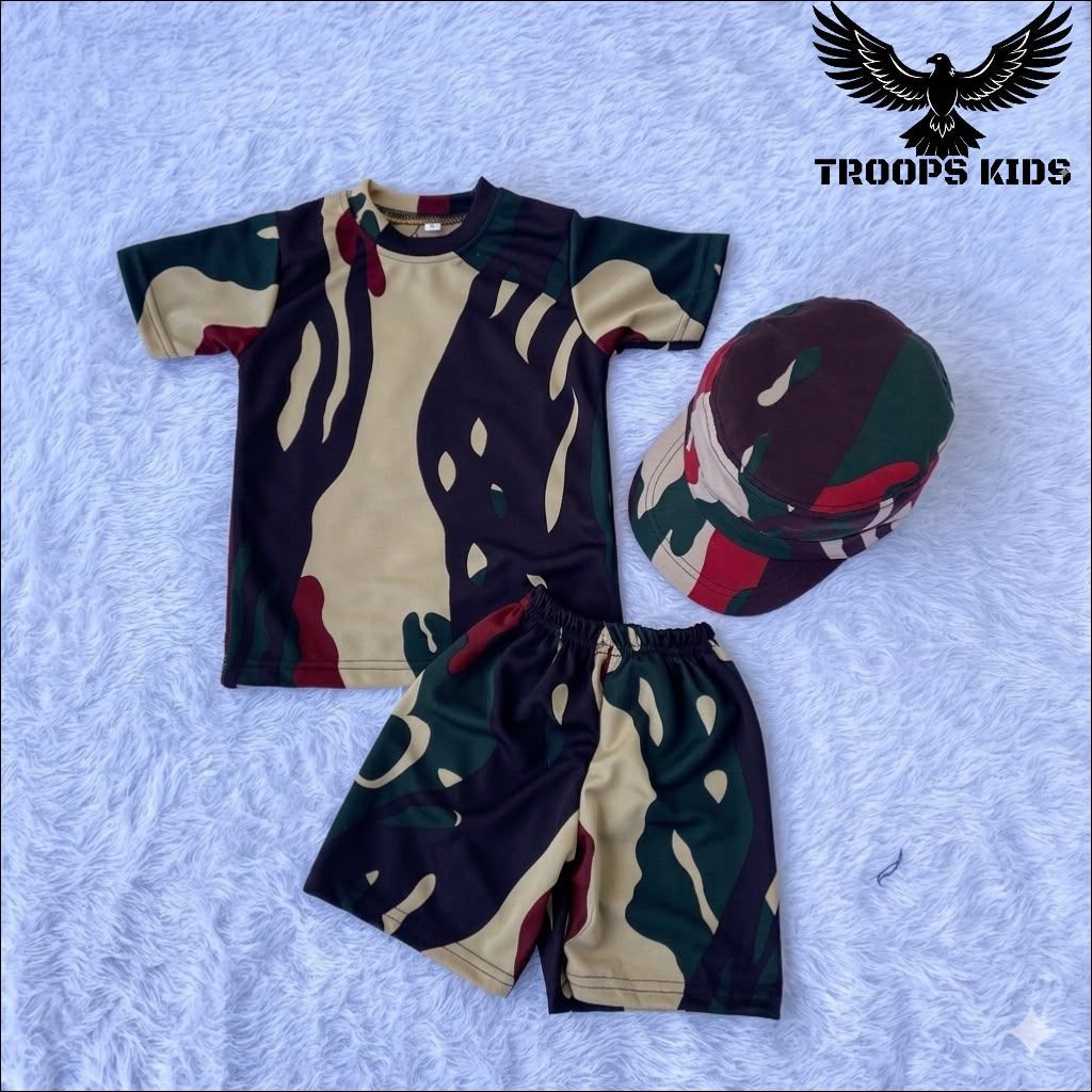 Setelan Kaos Loreng Anak Motif KOPASUS + Topi Pet Komando
