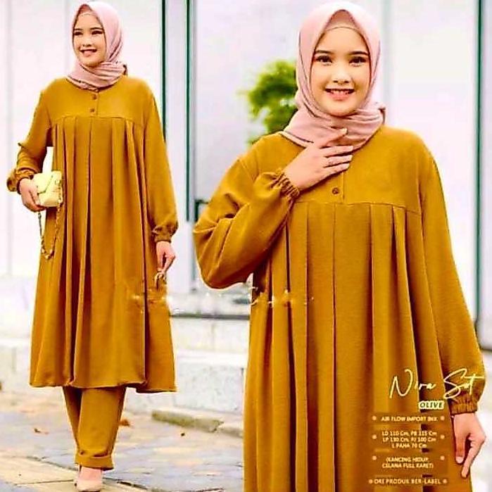 TERMURAH SIZE JUMBO NIRA SETCEL LONG TUNIK + CELANA BAHAN CATOON PREMIUM / SETELAN WANITA TERBARU MO