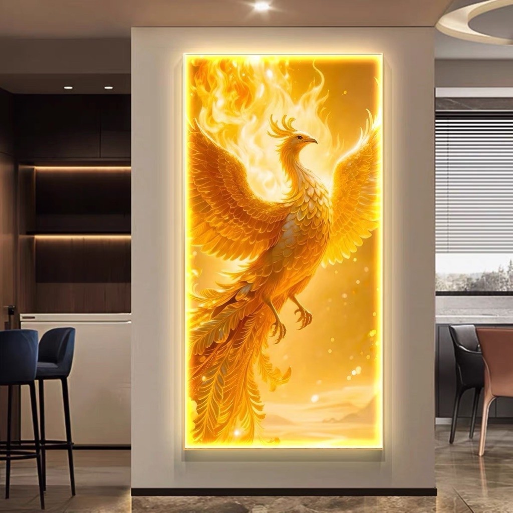 KOKOPAINTING Lukisan Porcelain Diamond 5D Kristal Timbul Motif Burung Phoenix Emas Merak Api / Lukis