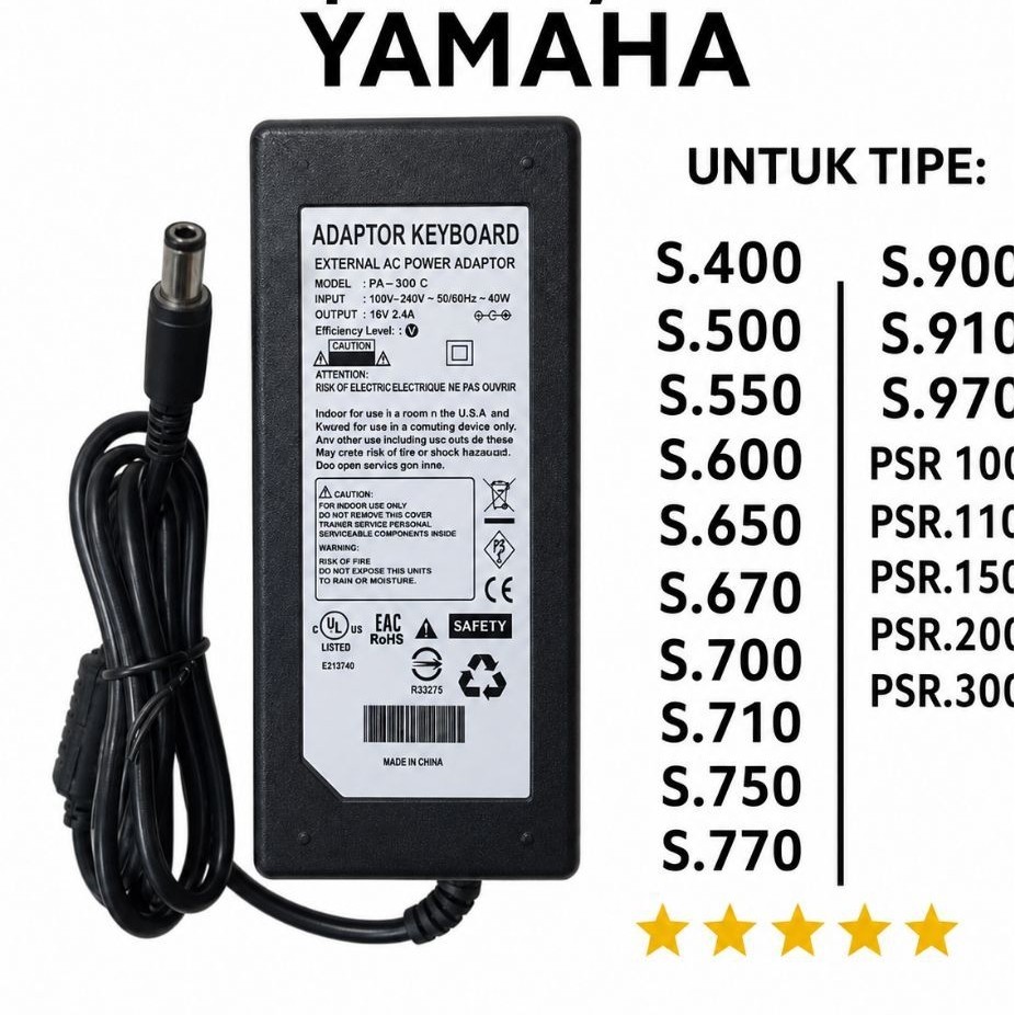 Adaptor untuk keyboard yamaha psr 1000/psr1100/psr1500/psr2000/psr2100/psr3000 autput 16v-2,4A adapt