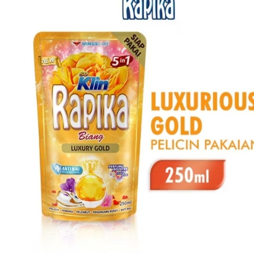 Rapika Biang Pewangi 250ml - Luxury Gold, Lembut & Segar, Rapika Pelicin Pakaian Biang Gold Pouch
