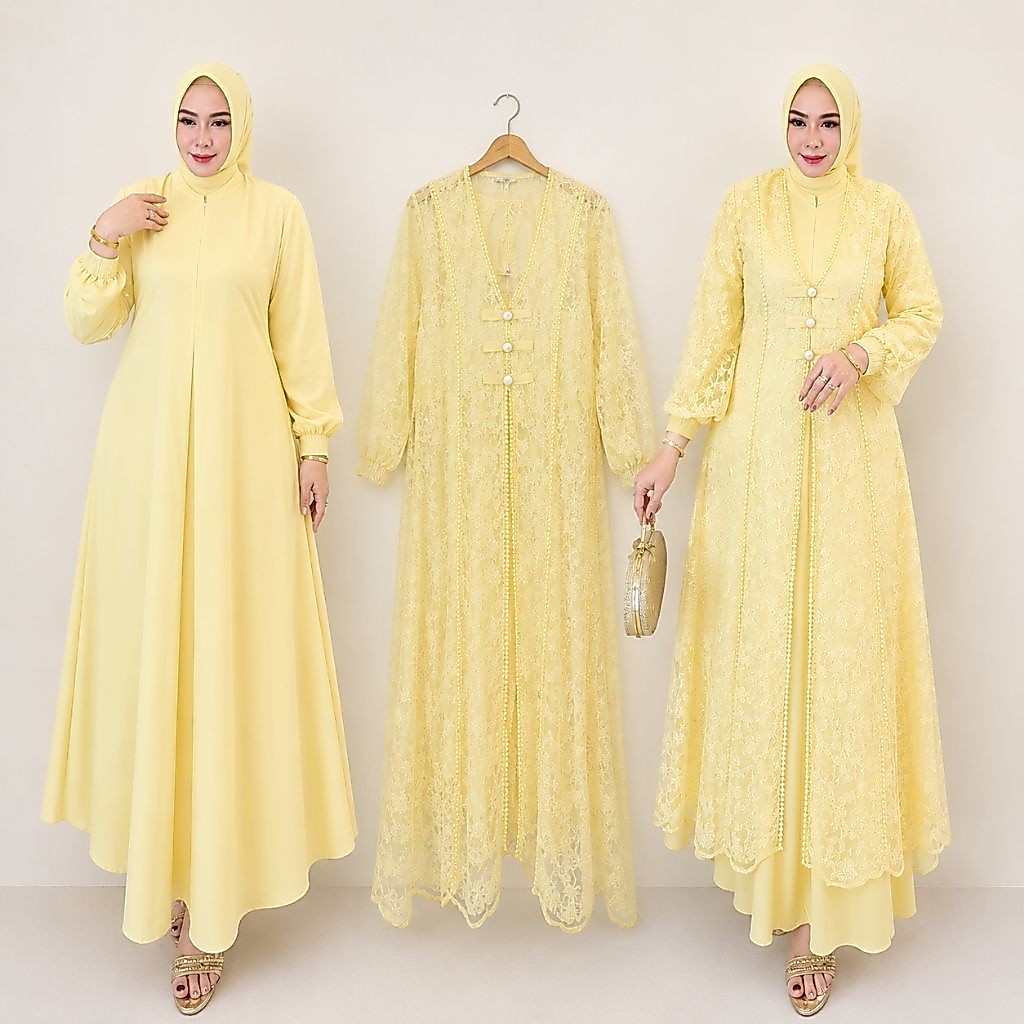 Alkareem Outfit Gamis Wanita Khayra Dress 2in1 Busui Ceruty Brukat Premium Inner Terpisah