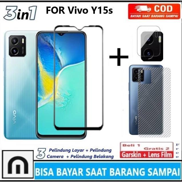 CUCI GUDANG Promo Paket 3in1 Tempered Glass Vivo Y15s 2021 2022 Y01 Full Cover Anti Gores Kaca Full 