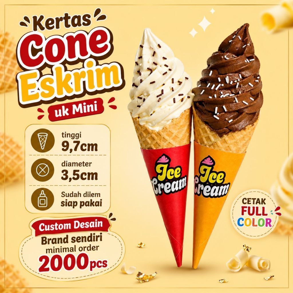 PAPERCONE ESKRIM MINI KERTAS WAFFLE CONE ESKRIM PEGANGAN CONE ESKRIM SLEEVE CONE ICE CREAM 9.7cm KER