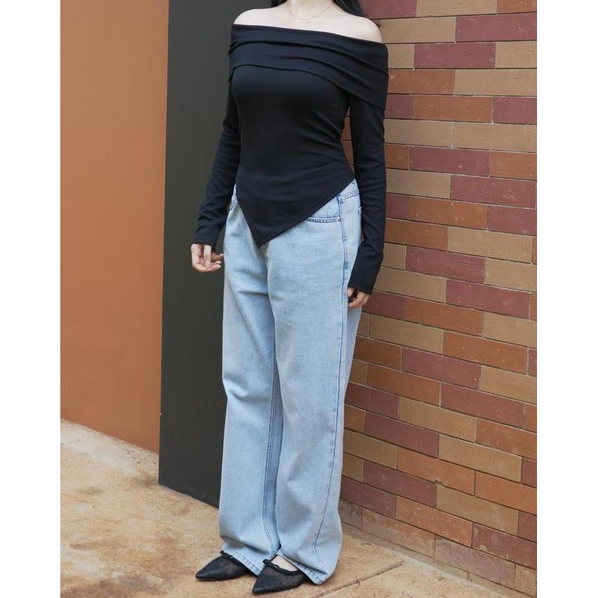 Jmfashion- T-Shirt Off Shoulder Long Sleeve Asymmetrical1798 (S/M/L)