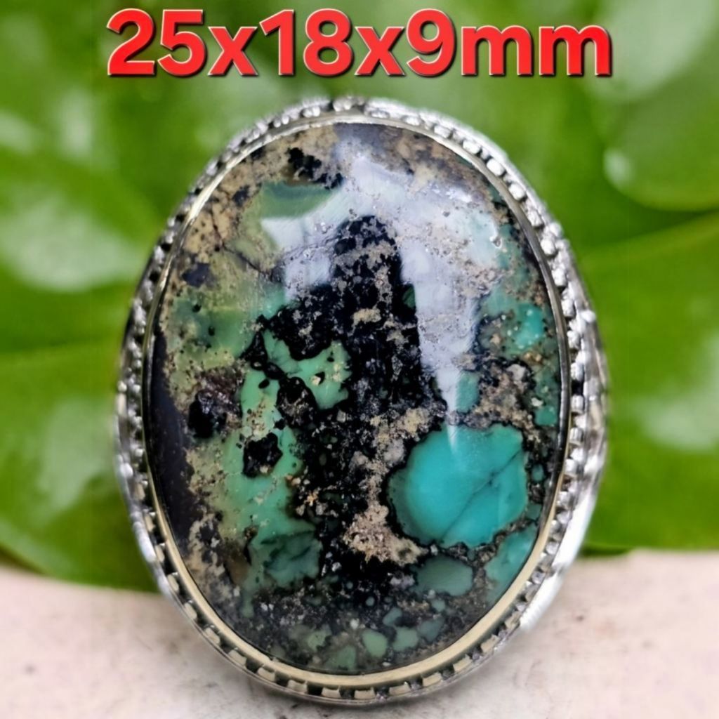 Eksklusif Cincin Batu Pirus Persia Hijau Tua – Serat Hitam Neyeng Alami Berkarakter