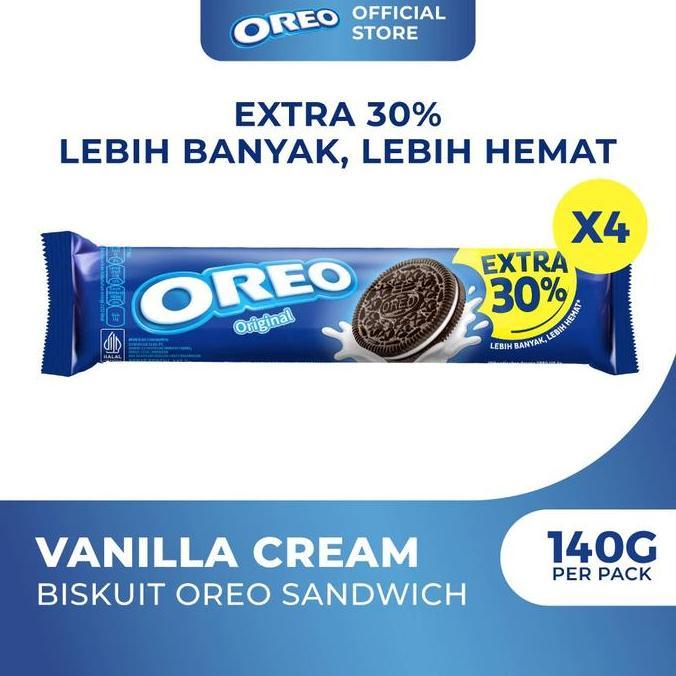 Oreo Original 140g Extra 30% (Paket Isi 4), Biskuit Sandwich Cokelat dengan Krim Rasa Vanila