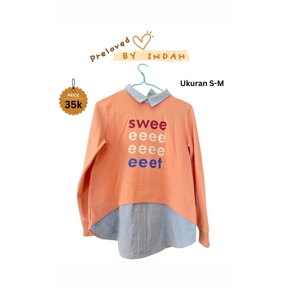 Blouse wanita lengan panjang warna peach motif tulisan swee eeee eeee eet ukuran S-M