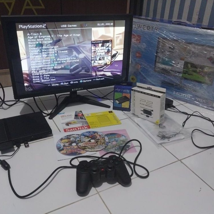 Paket Komplit Siap Main PS2 Slim HDMI + Monitor LED 22 Inch + MC Boot PS2 + Flashdisk 128GB