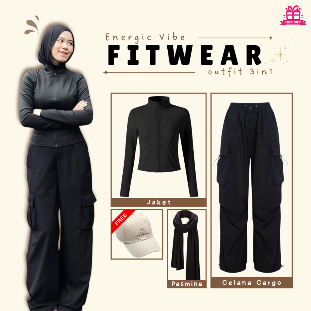 Oneset 3in1 Jaket Olahraga Celana Cargo Pasmina Jersey || Perempuan Wanita Cewek Outfit Olahraga Pad
