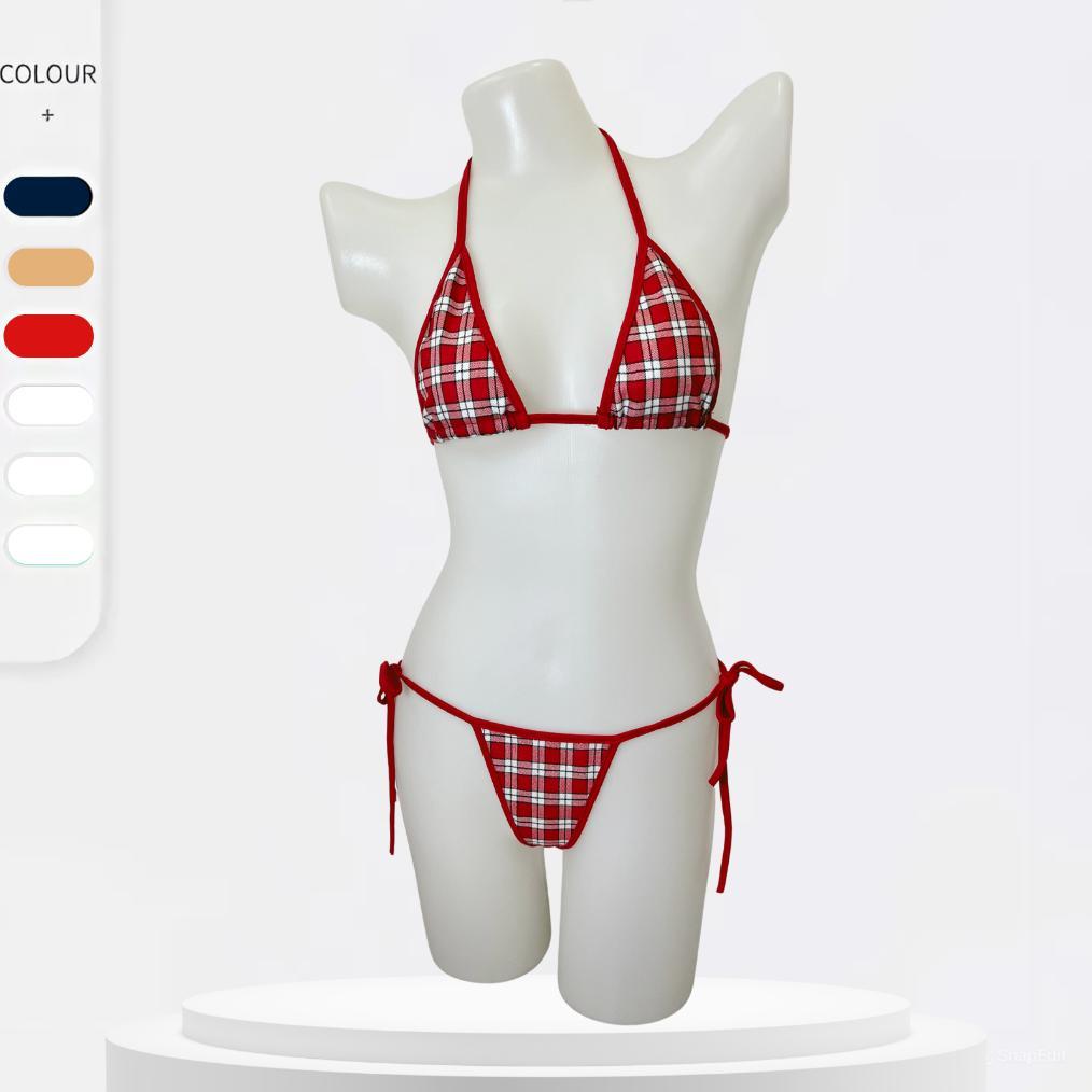 Murah Setelan G String Dan Bra Seksi Model Tali Ikat Motif Kotak Kotak Top Tren 063