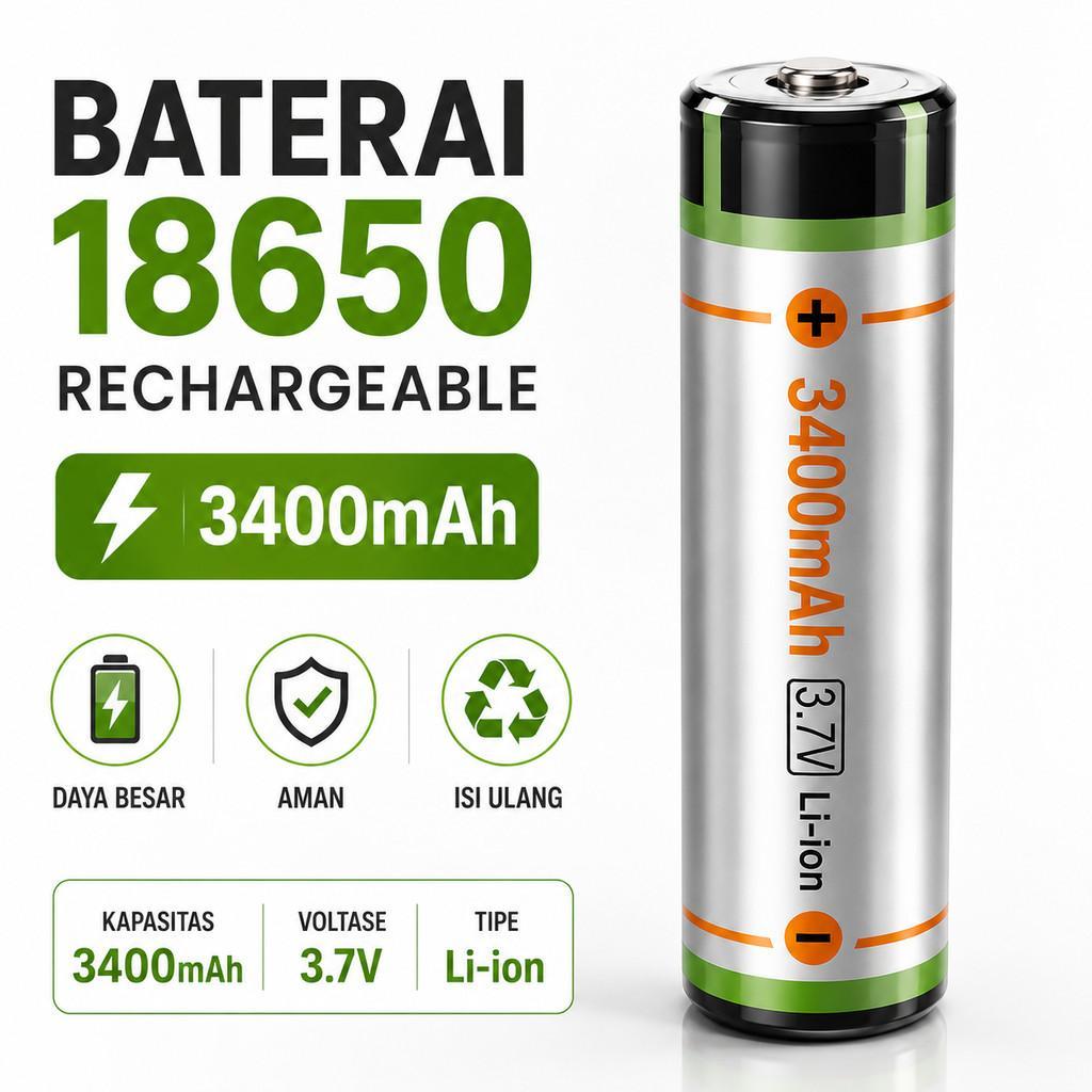 1pcs Baterai 18650 Rechargeable 3400mAh Button Top Li-Ion 3.7V High Quality Arus 3A Battery Senter S