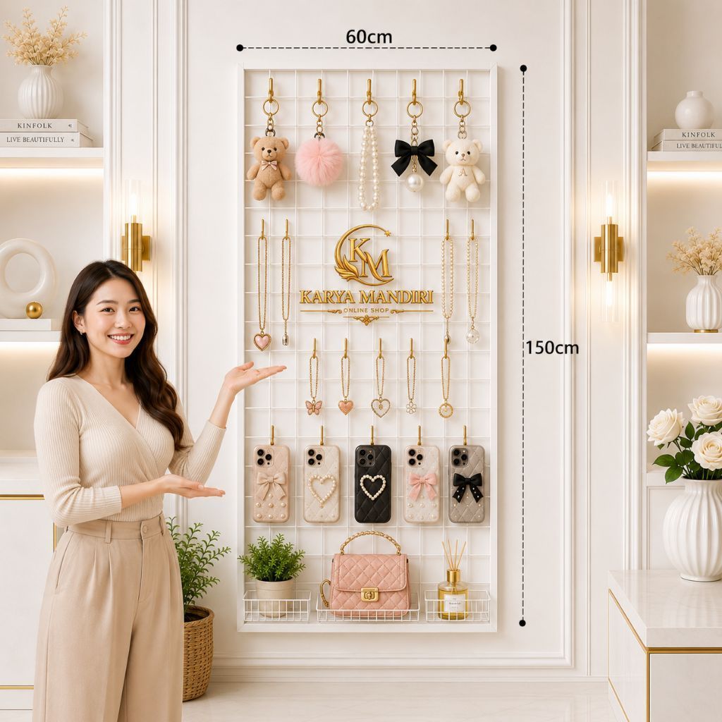 Rak Display Aksesoris Multifungsi 60×150 cm – Rak Gantung Perhiasan, Gantungan Kunci & Casing HP