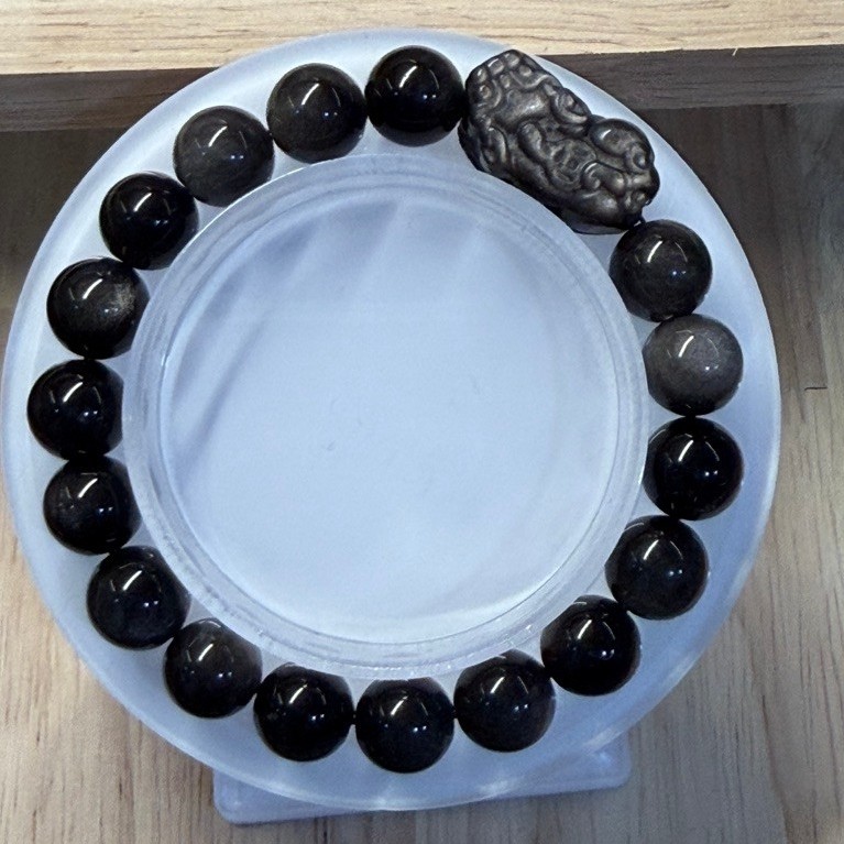 Silver Obsidian Bracelet with Pixiu Spacer