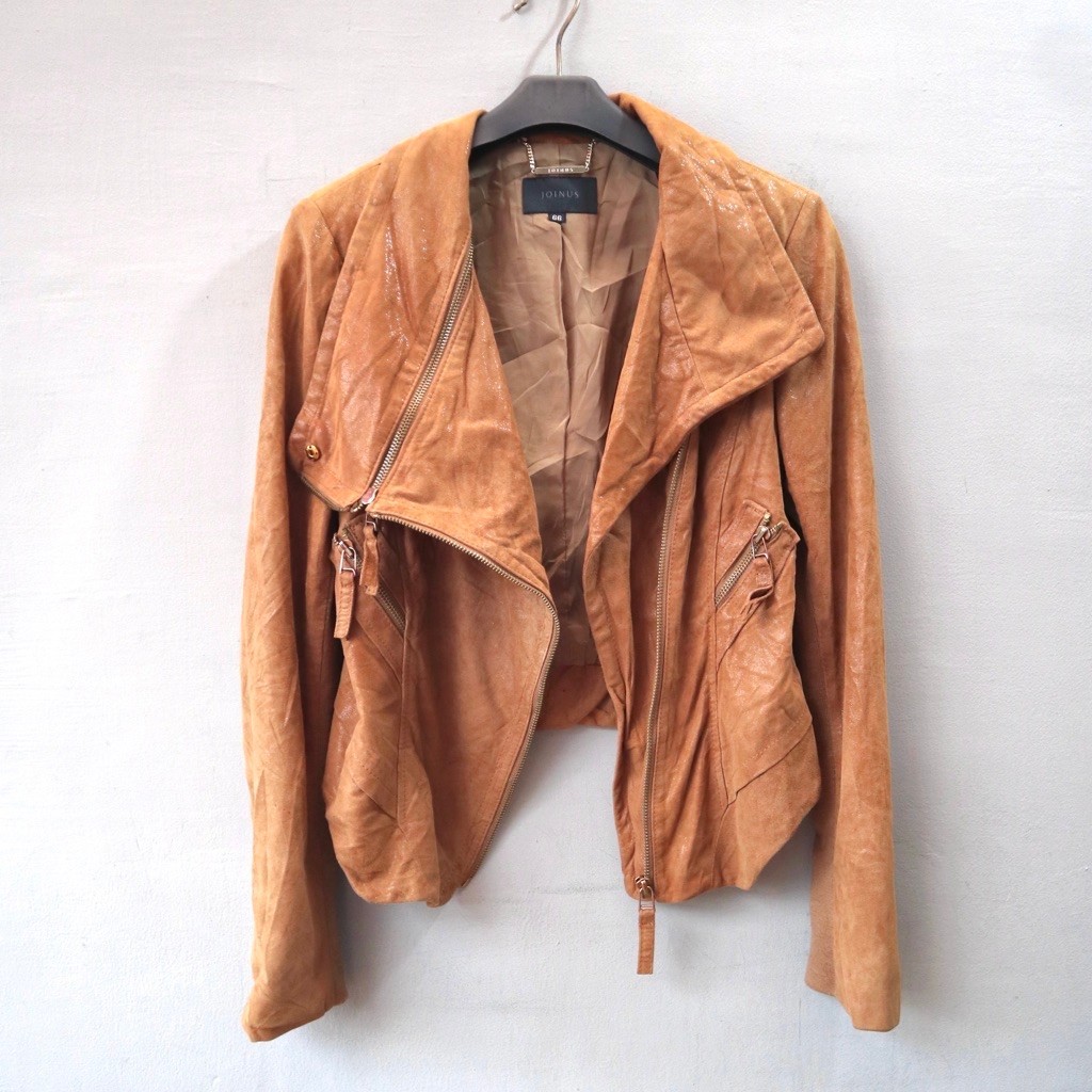 Jaket kulit asli domba coklat vintage suede asymmetric casual bikers ramones rider motoran cewek rel