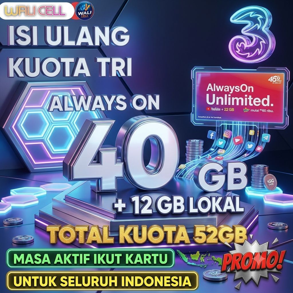 Paket Kuota Internet Tri 3 AON 40gb + 12gb kuota lokal, aktif selamanya full 24jam Murah & Unlimited