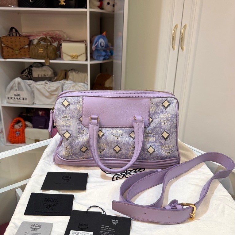PRELOVED MCM Authentic Golf In The City Boston Bag In Vintage Monogram Jacquard Purple Lilac Sling B