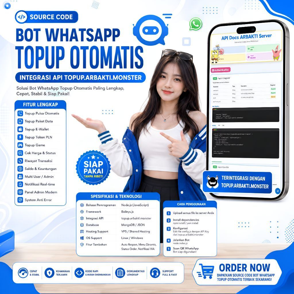Source Code Bot WhatsApp Topup Otomatis Integrasi API Arbakti | Node.js JavaScript