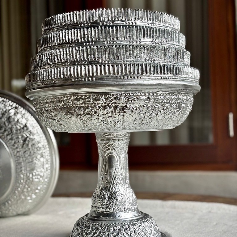 Dulang Fiber Motif Slaka Full Silver 33cm Susun 4 | Dulang Gebogan Bali