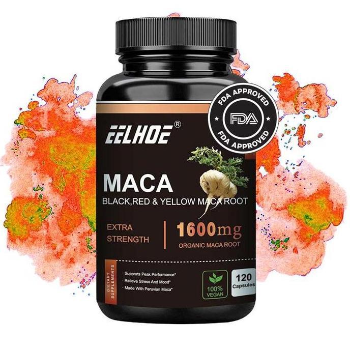 EELHOE Kapsul Bubuk Akar Maca Organik 1500 mg, Dengan Ekstrak Akar Maca Peru Hitam + Merah + Kuning