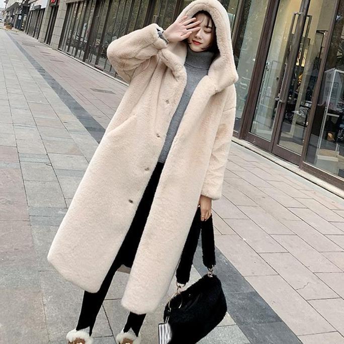 Jaket Coat Musim Dingin Wanita Korean Style Bulu Member Tebal Panjang Hitam - Outer, Vintage Casual 