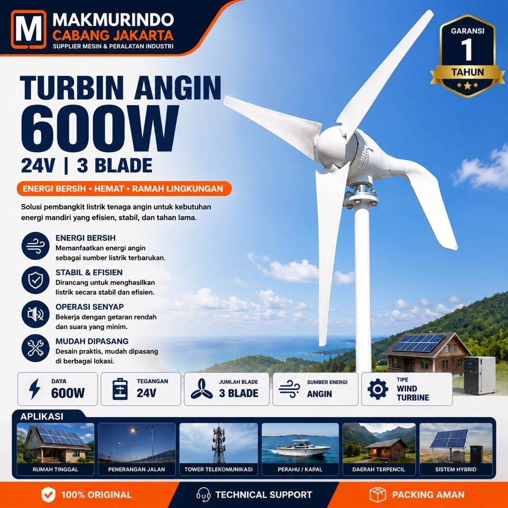 Turbin Angin 600W 24V 3 Blade Wind Turbine Generator Pembangkit Listrik Tenaga Angin