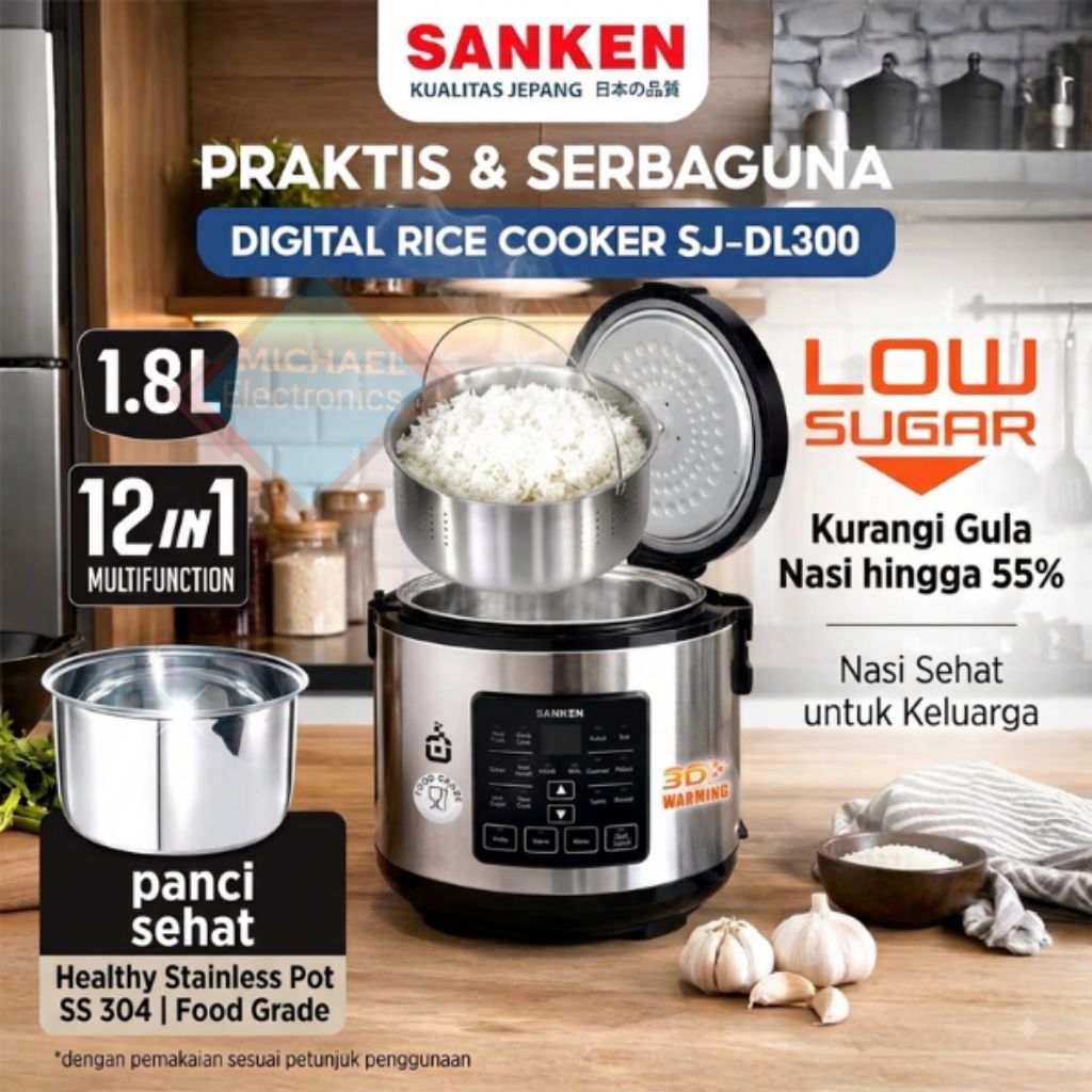 Sanken Rice Cooker Digital Low Carbo SJ-DL300 Magic com low sugar Stainless still