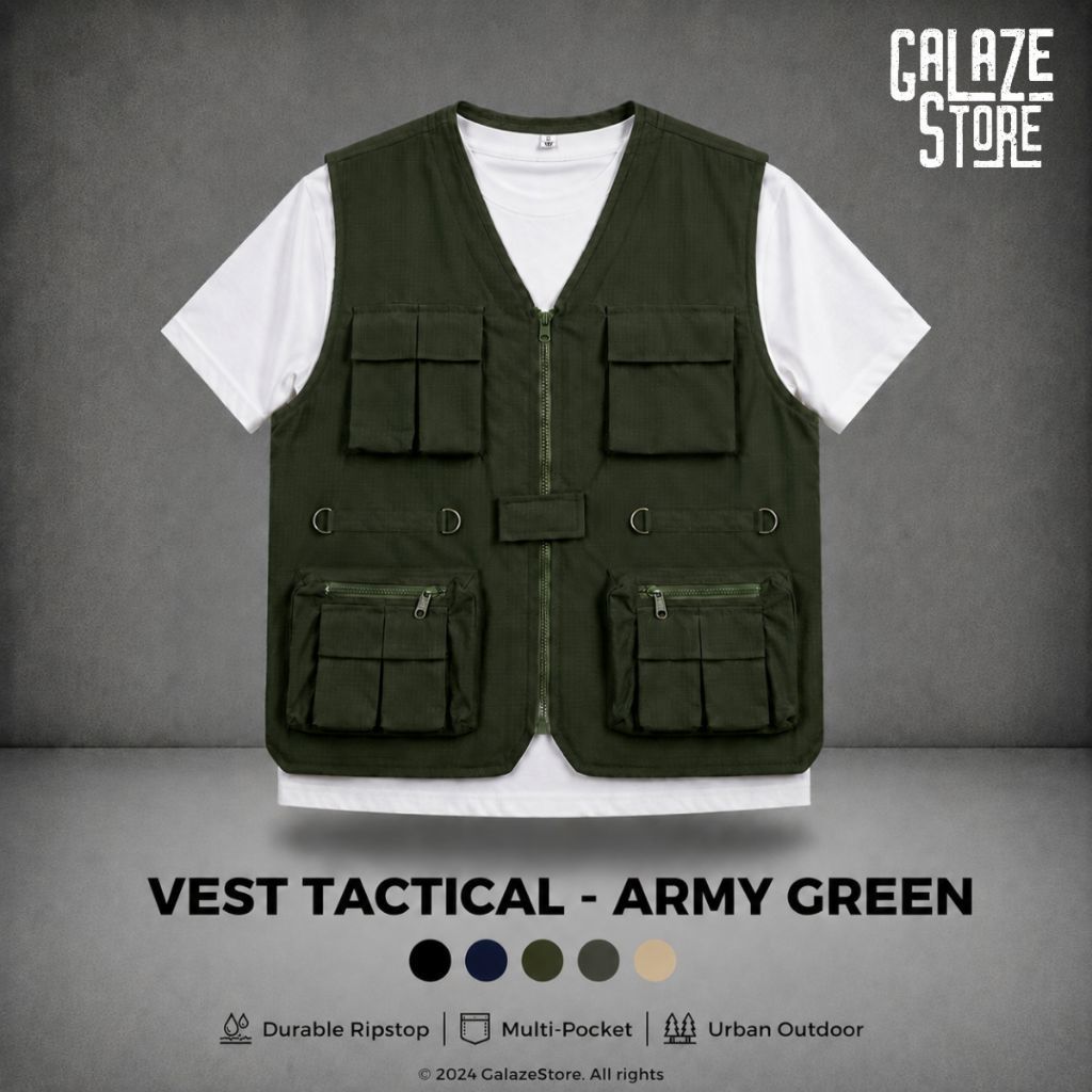 VEST ARMY GREEN - VEST TACTICAL - VEST RIPSTOP ARMY GREEN - ROMPI LAPANGAN OUTDOOR - ROMPI MOTOR - R