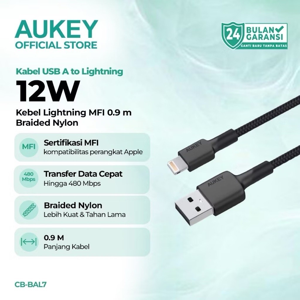 Kabel Charger AUKEY USB A to Lightning 12W CB-BAL7 MFI Braided Nylon 0.9m