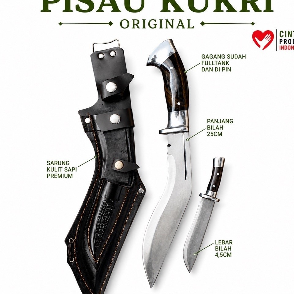 Pisau Kukri Survival Outdoors | Bilah Baja Per Premium Fulltang + Sarung Kulit | Gagang Sonokeling |