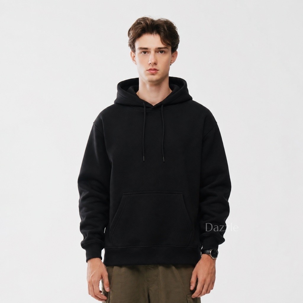 DAZZLE | HOODIE POLOS HITAM UNISEX PRIA WANITA COTTON FLEECE 330gsm.