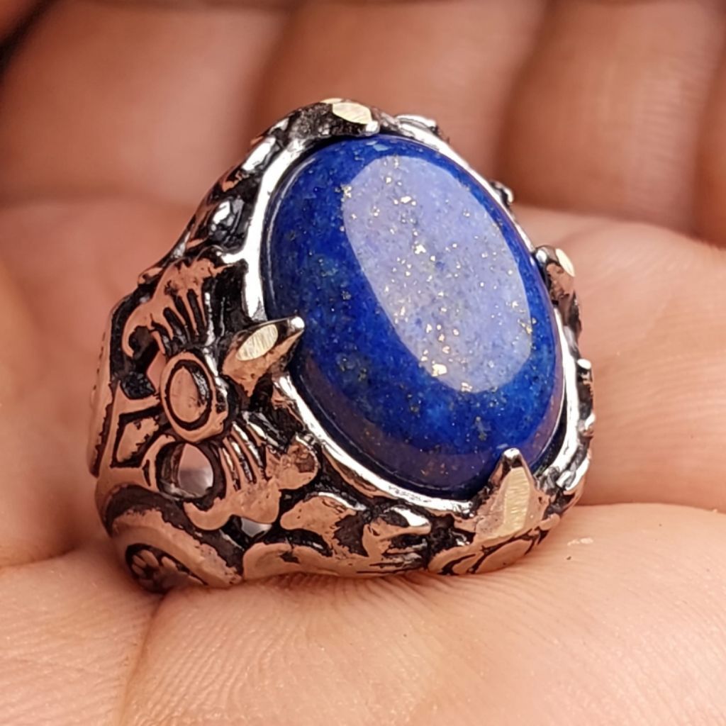 Cincin Batu Lapis Lazuli Asli Natural / Cincin Pria Elegan Rings Akik Alpaka Super Mewah BATU AKIK a