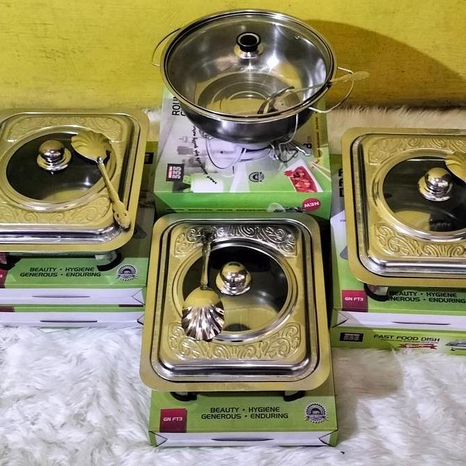 PROMO Tempat Makan Prasmanan set tutup batik / semi kaca bahan stainless isi 5 kotak + 1 bulat merk 