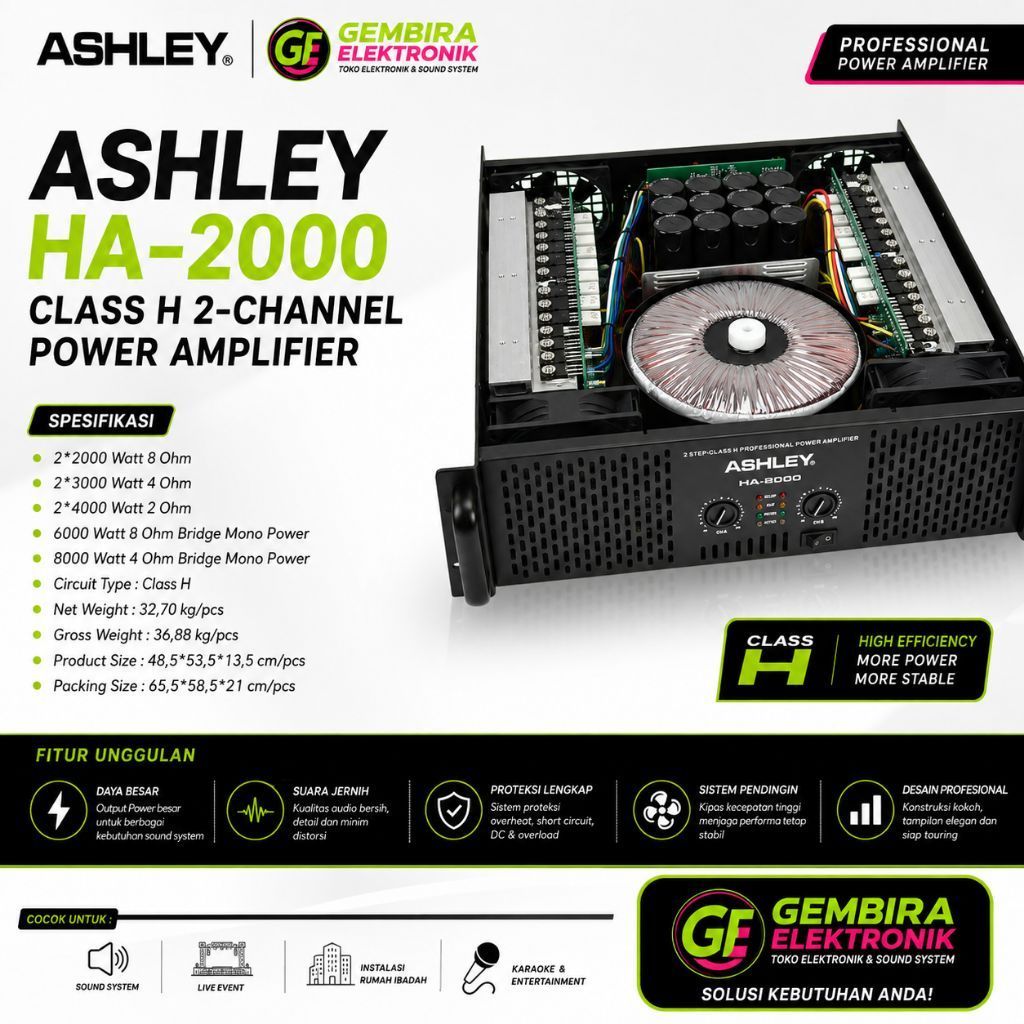 Power Amplifier Ashley HA-2000 Class H 2 Channel 8000 Watt Professional