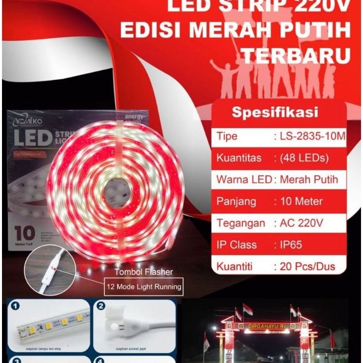 Lampu Led Strip Light Yomiko 10m Merah Putih, RGB