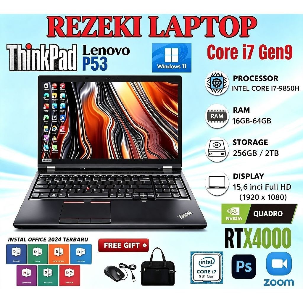 Laptop Lenovo Thinkpad P53 15.6inci / Laptop Intel Core i7-9850H Ram 64GB/2TB SSD NVIDIA Quadro RTX4