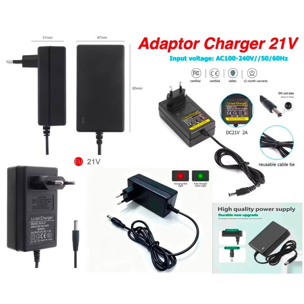 Adaptor Charger Universal 21V to 12V 1A – Cas Baterai untuk Bor Cordless, Gerinda, Beki, Jet Cleaner, Pengganti Adaptor Aki