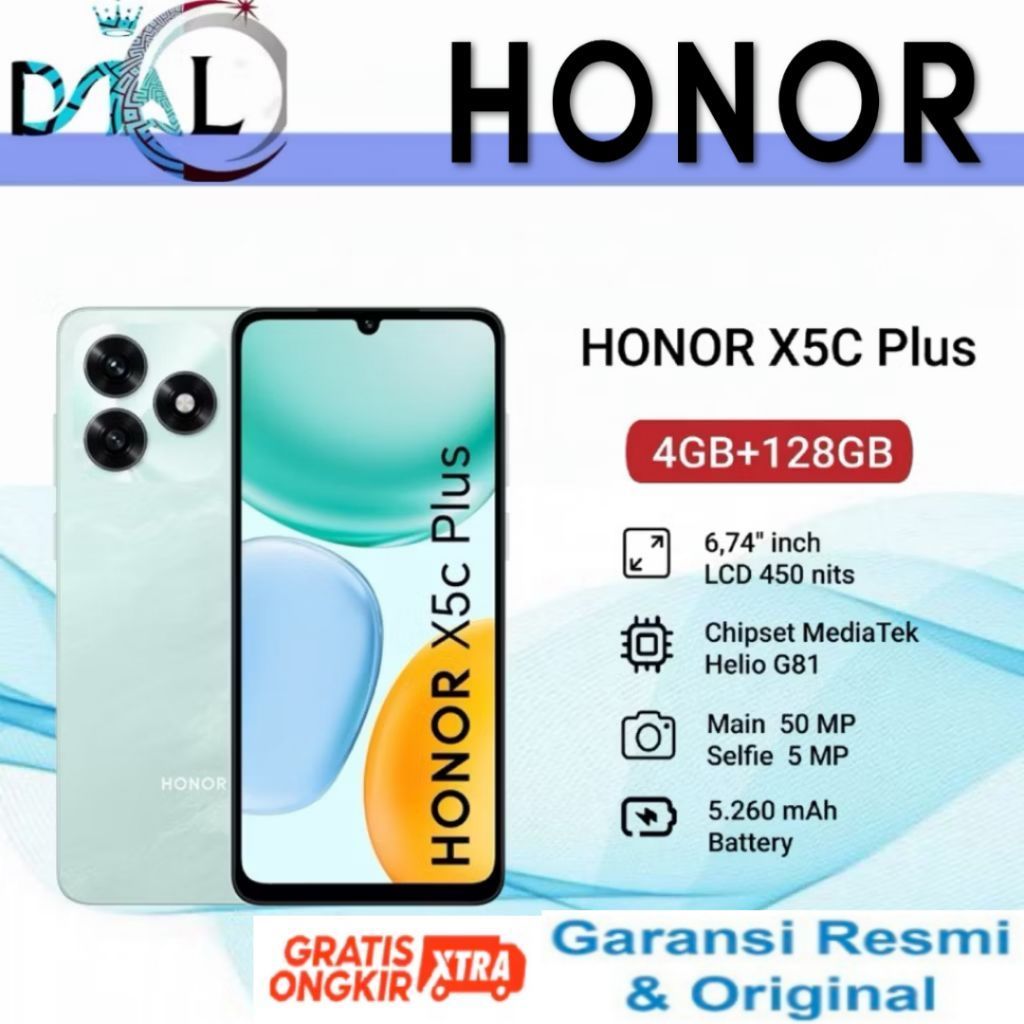 HONOR X5c Plus RAM 8GB (4+4GB) ROM 128GB Smartphone 50MP Ultra Clear Camera | Baterai 5260mAh Garans